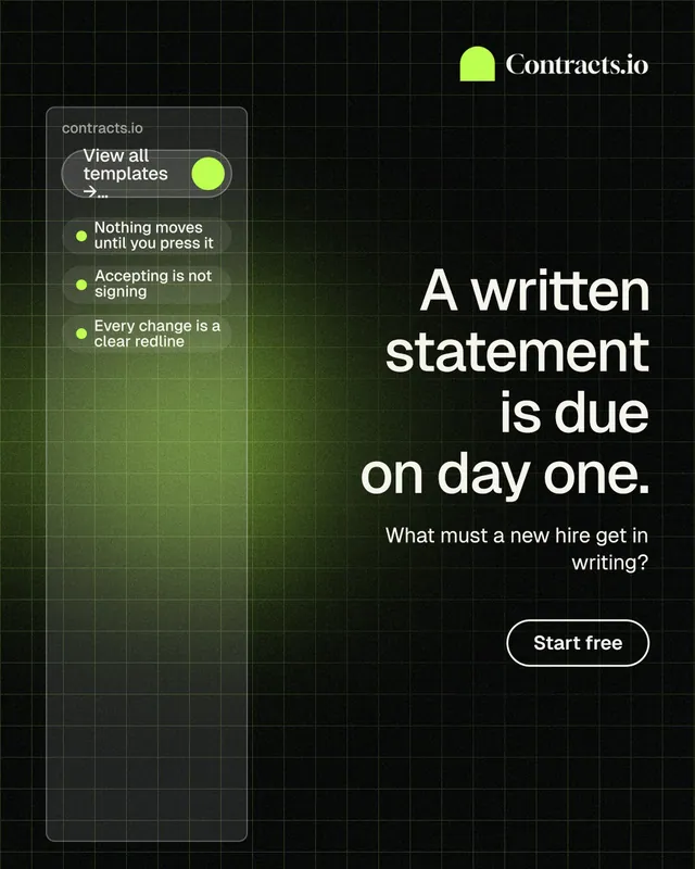 Instagram portrait post for contracts.io: "A written statement is due on day one." Phosphor atlas style, right layout, dark palette in black, green.