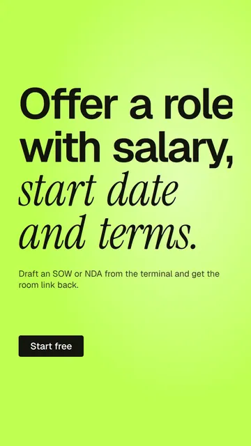 Video for contracts.io: "Offer a role with salary, start date and terms.". Doc motion loop, 8.0 s, light palette.