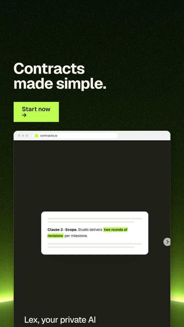 Instagram story for contracts.io: "Contracts made simple." Swiss style, browser layout, dark palette in black, grey.