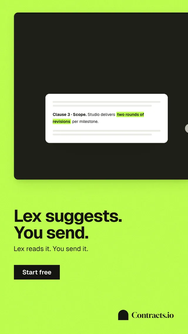 Instagram story for contracts.io: "Lex suggests. You send." Swiss style, bottom layout, light palette in green, black.