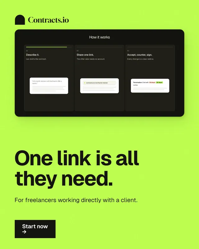 Instagram portrait post for contracts.io: "One link is all they need." Swiss style, bottom layout, light palette in black, green.