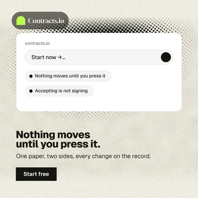 Instagram post for contracts.io: "Nothing moves until you press it." Ink sticker style, bottom layout, light palette in yellow, white, grey.