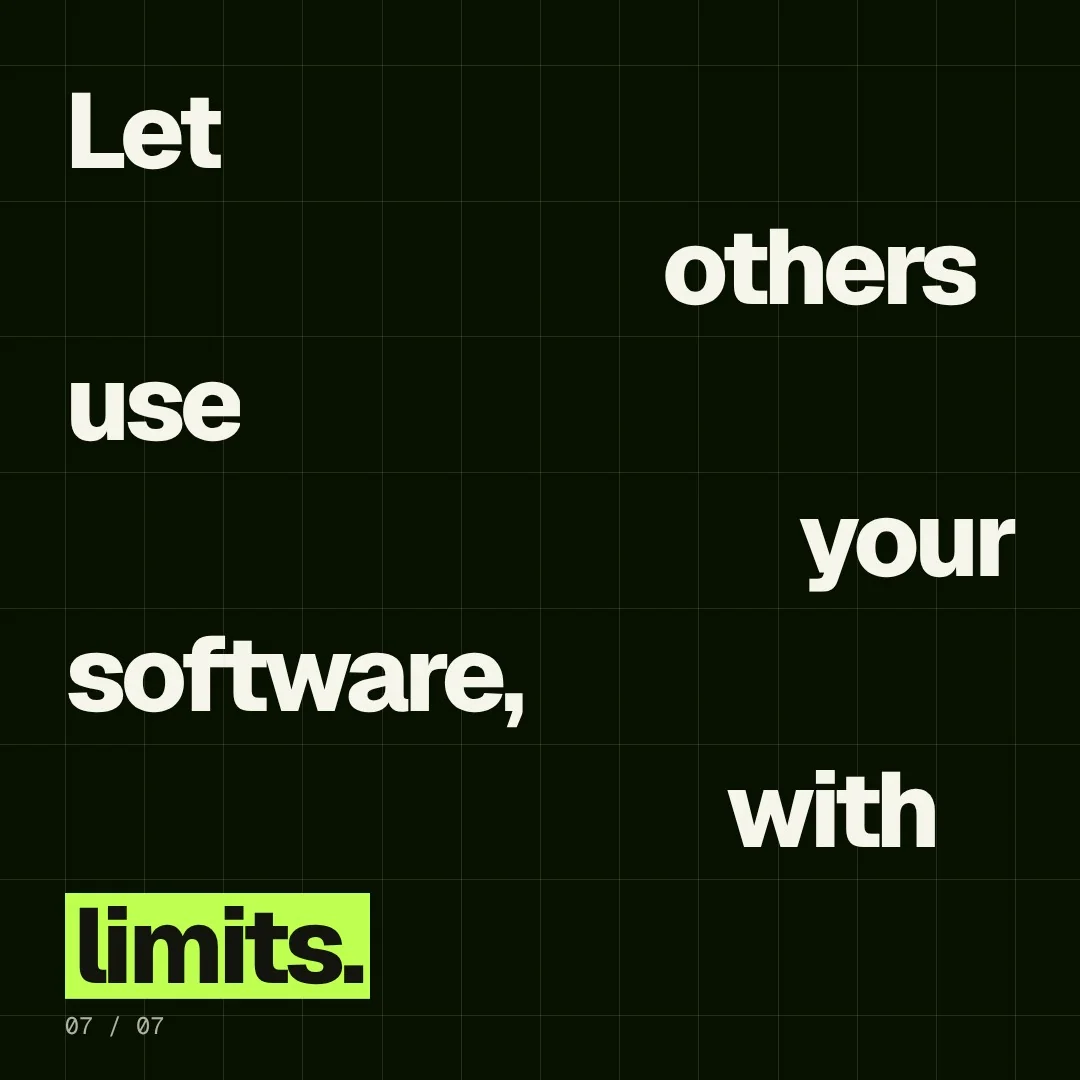 Video for contracts.io: "Let others use your software, with limits.". Kinetic type grid, 6.0 s, dark palette.