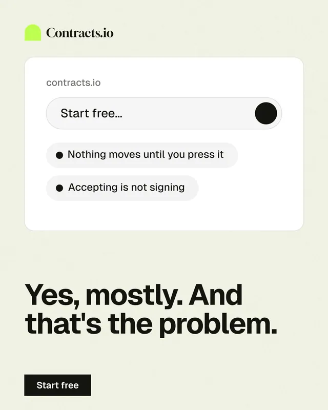Instagram portrait post for contracts.io: "Yes, mostly. And that's the problem." Swiss style, bottom layout, light palette in white, grey.
