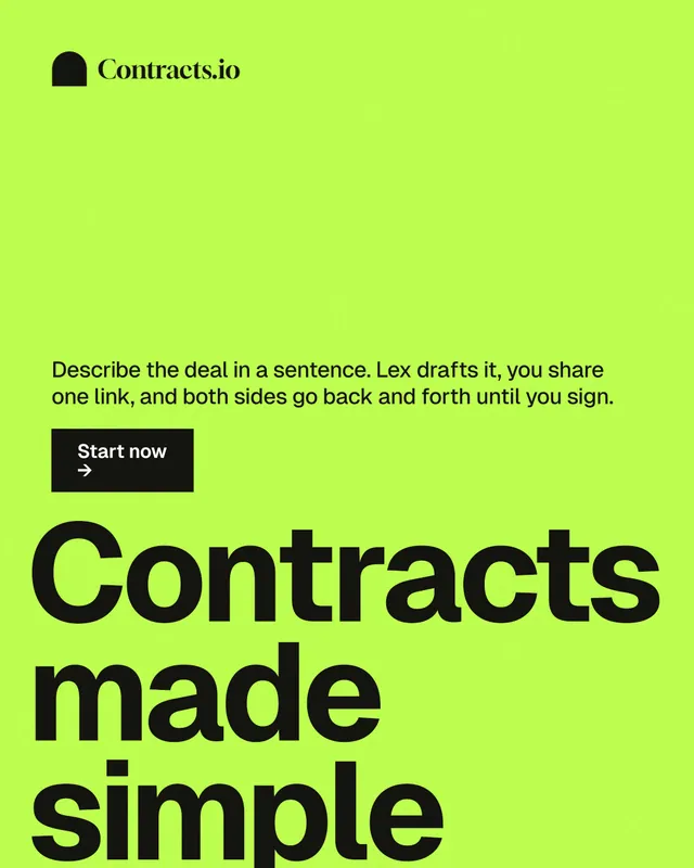 Instagram portrait post for contracts.io: "Contracts made simple." Swiss style, oversized layout, light palette in green.