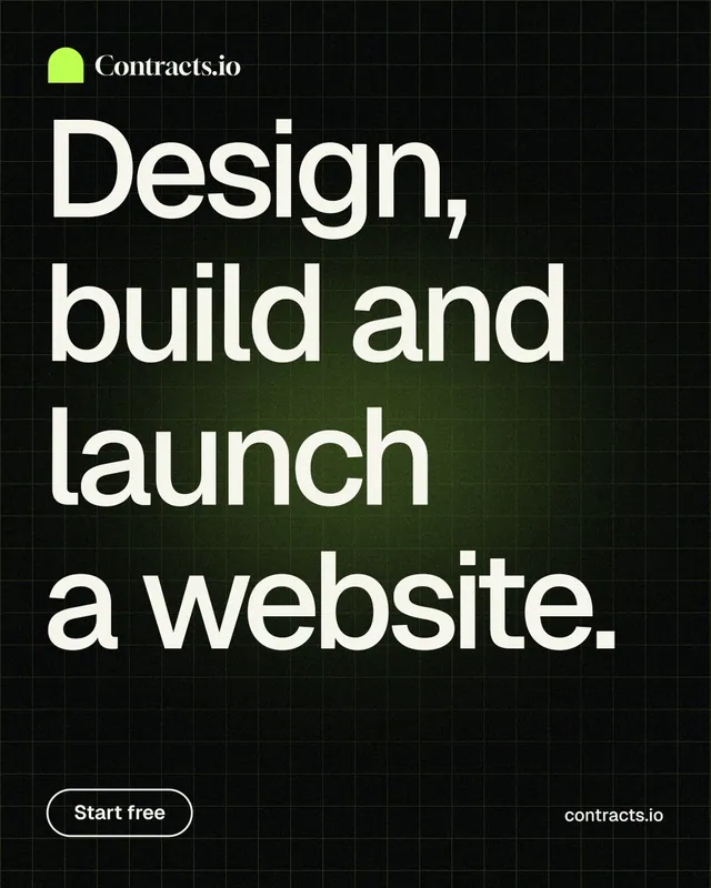Instagram portrait post for contracts.io: "Design, build and launch a website." Phosphor atlas style, poster layout, dark palette in black, grey.