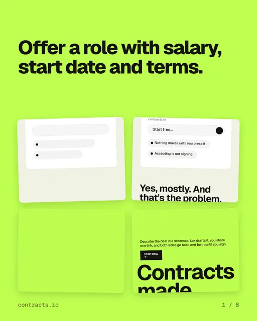 Carousel for contracts.io: "Offer a role with salary, start date and terms.". Collection carousel, 8 slides, light palette.
