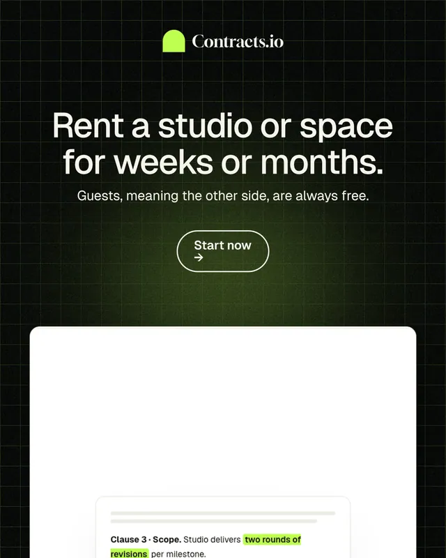 Instagram portrait post for contracts.io: "Rent a studio or space for weeks or months." Phosphor atlas style, centred layout, dark palette in white, black, grey.