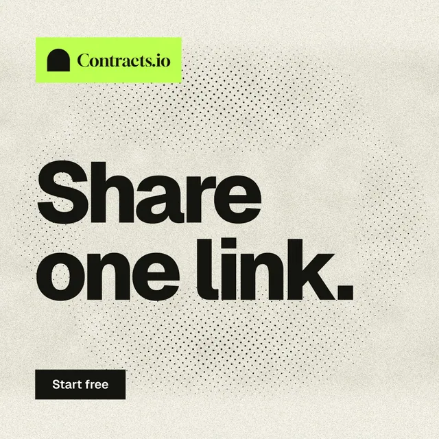 Instagram post for contracts.io: "Share one link." Ink sticker style, announce layout, light palette in yellow, grey.