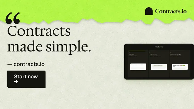 Landscape graphic for contracts.io: "Contracts made simple." Paper trio style, quote layout, light palette in green, grey.
