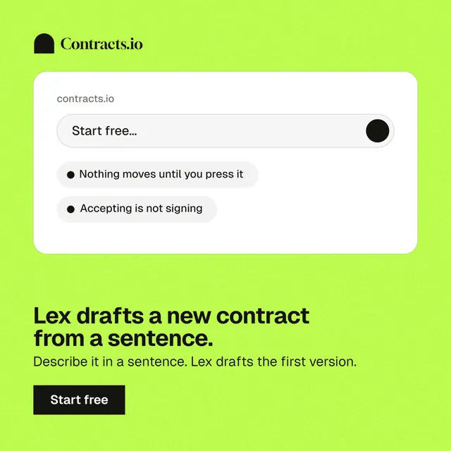 Instagram post for contracts.io: "Lex drafts a new contract from a sentence." Swiss style, bottom layout, light palette in white, green.