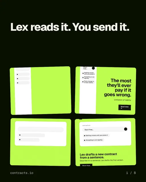 Carousel for contracts.io: "Lex reads it. You send it.". Collection carousel, 8 slides, dark palette.