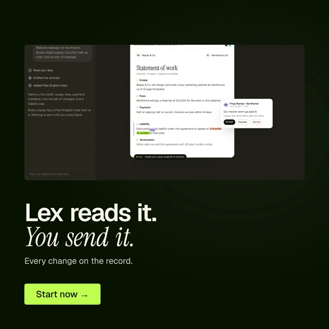 Video for contracts.io: "Lex reads it. You send it.". Doc motion loop, 7.0 s, dark palette.
