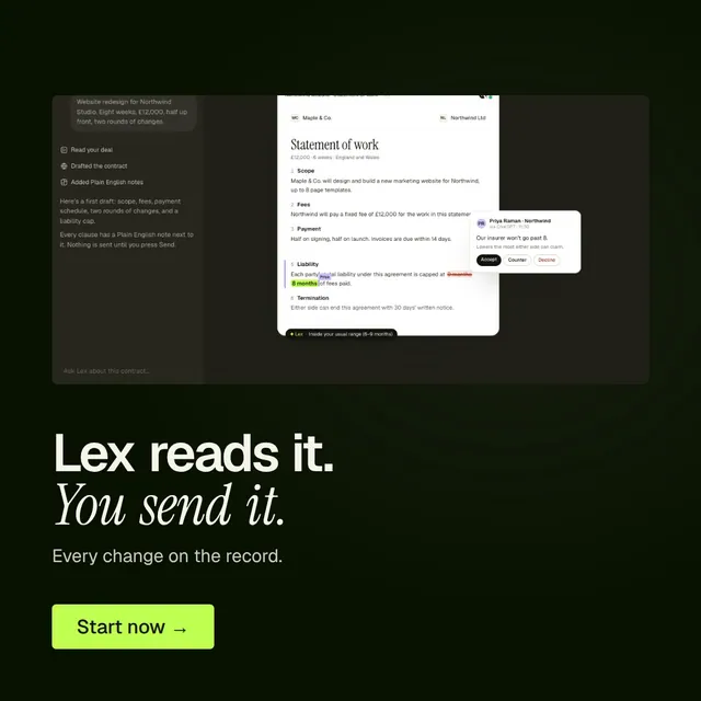 Video for contracts.io: "Lex reads it. You send it.". Doc motion loop, 7.0 s, dark palette.
