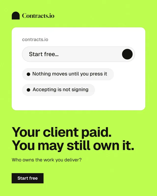 Instagram portrait post for contracts.io: "Your client paid. You may still own it." Swiss style, bottom layout, light palette in green, white.