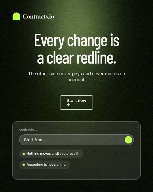 Instagram portrait post for contracts.io: "Every change is a clear redline." Dark deco style, centred layout, dark palette in black, grey.