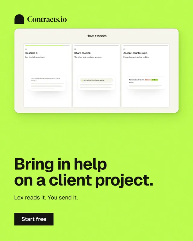 Instagram portrait post for contracts.io: "Bring in help on a client project." Swiss style, bottom layout, light palette in green.