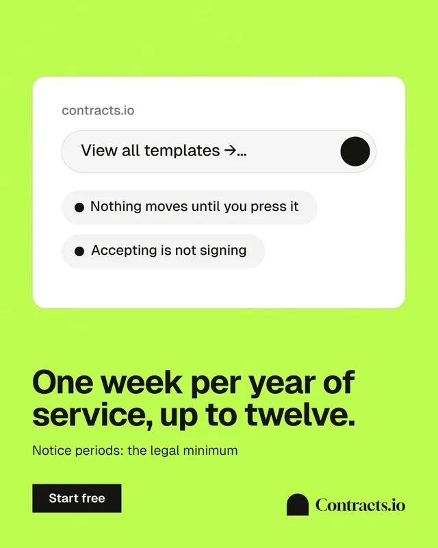 Instagram portrait post for contracts.io: "One week per year of service, up to twelve." Swiss style, bottom layout, light palette in white, green.