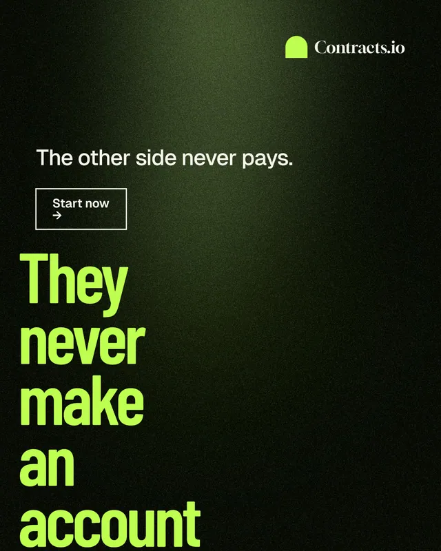 Instagram portrait post for contracts.io: "They never make an account." Dark deco style, oversized layout, dark palette in black, green.