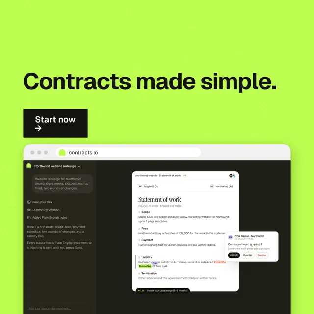 Instagram post for contracts.io: "Contracts made simple." Swiss style, browser layout, light palette in black, green.