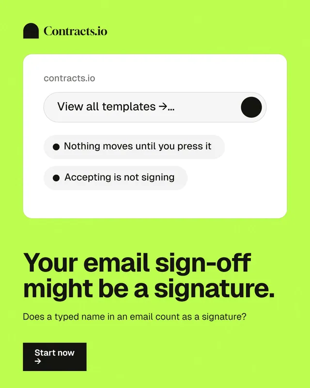 Instagram portrait post for contracts.io: "Your email sign-off might be a signature." Swiss style, bottom layout, light palette in white, green.