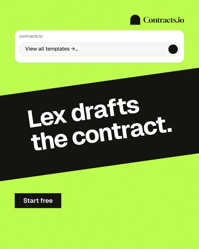 Instagram portrait post for contracts.io: "Lex drafts the contract." Swiss style, diagonal layout, light palette in green, black, grey.