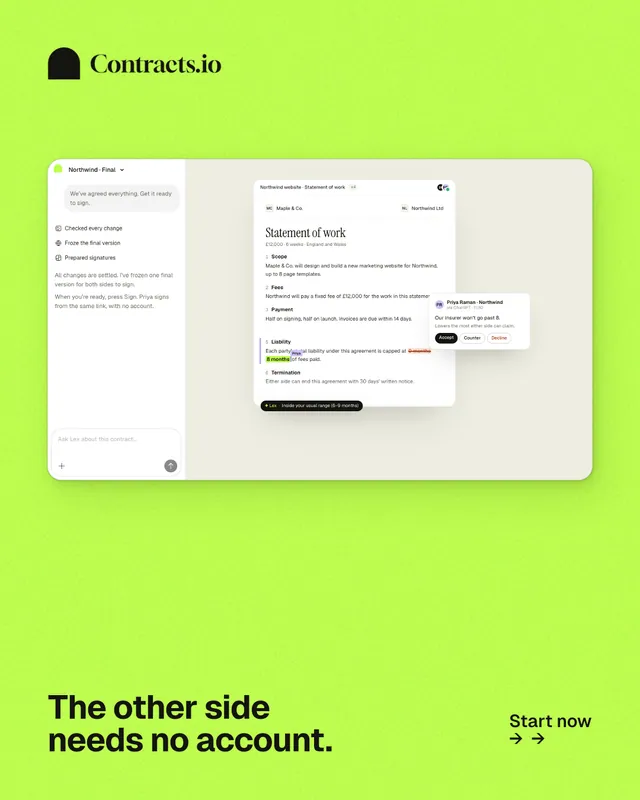 Instagram portrait post for contracts.io: "The other side needs no account." Swiss style, image led layout, light palette in green.