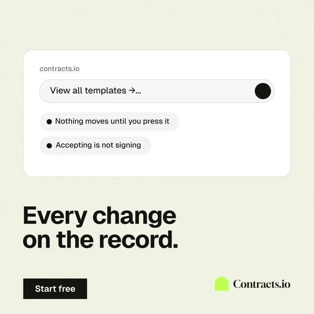 Instagram post for contracts.io: "Every change on the record." Swiss style, bottom layout, light palette in white, grey.