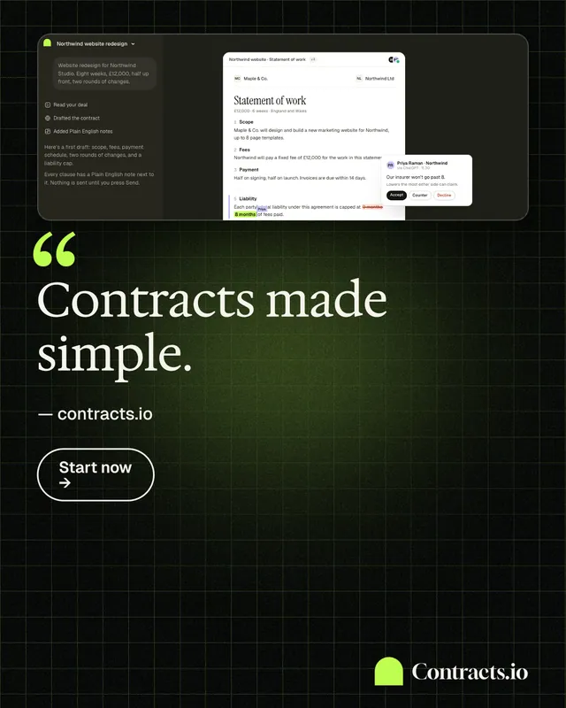Instagram portrait post for contracts.io: "Contracts made simple." Phosphor atlas style, quote layout, dark palette in black, grey.