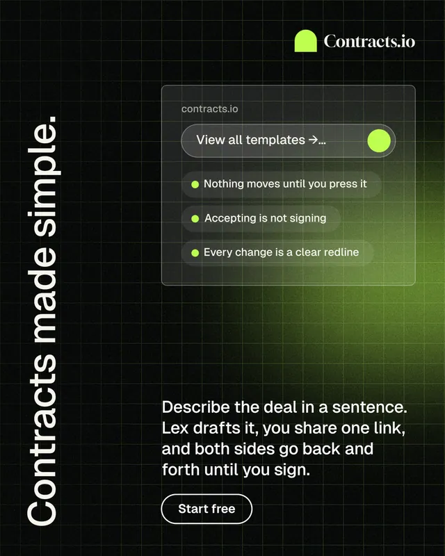Instagram portrait post for contracts.io: "Contracts made simple." Phosphor atlas style, vertical layout, dark palette in black, green.
