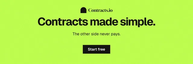 X header for contracts.io: "Contracts made simple." Swiss style, centred layout, light palette in green.