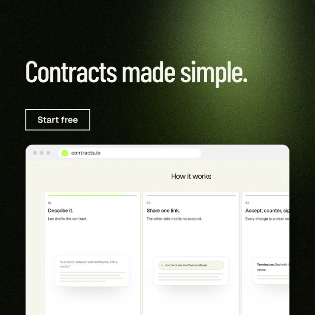 Instagram post for contracts.io: "Contracts made simple." Dark deco style, browser layout, light palette in black, white, green.