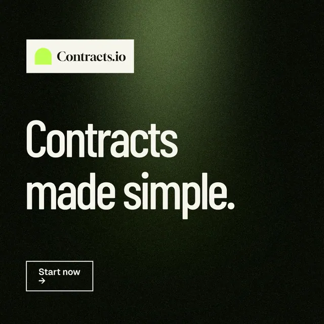 Instagram post for contracts.io: "Contracts made simple." Dark deco style, announce layout, dark palette in black, grey.