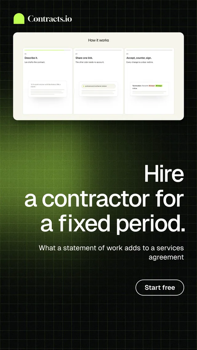 Instagram story for contracts.io: "Hire a contractor for a fixed period." Phosphor atlas style, right layout, dark palette in white, black, green.