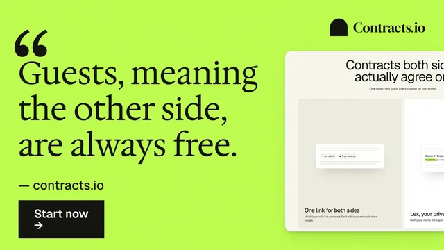 Landscape graphic for contracts.io: "Guests, meaning the other side, are always free." Swiss style, quote layout, light palette in green.