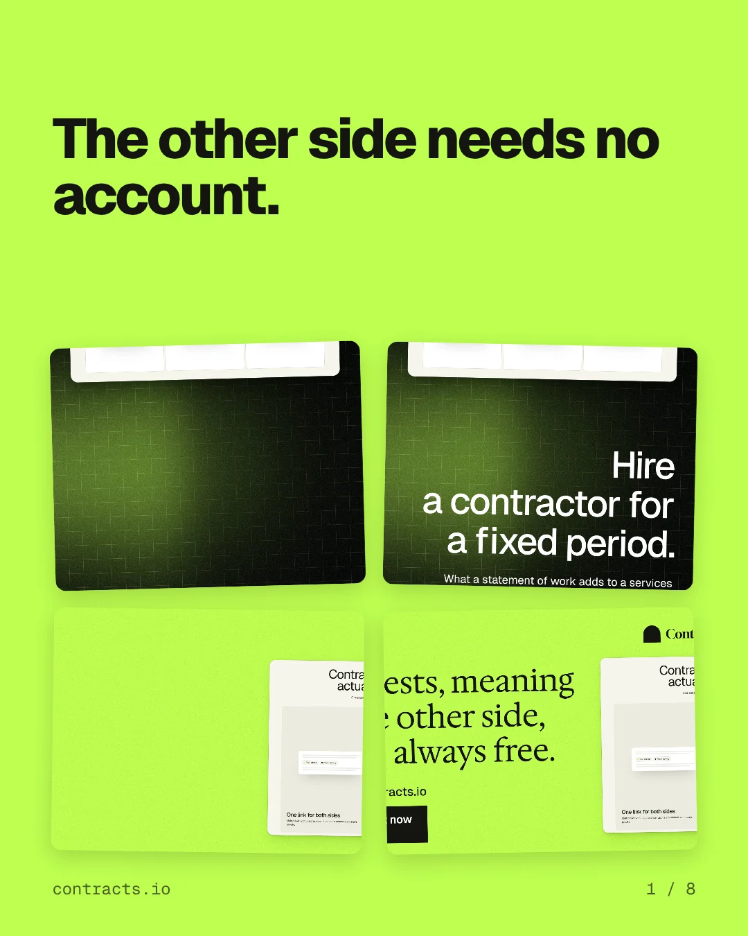 Carousel for contracts.io: "The other side needs no account.". Collection carousel, 8 slides, light palette.