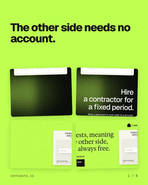 Carousel for contracts.io: "The other side needs no account.". Collection carousel, 8 slides, light palette.