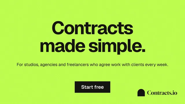 Landscape graphic for contracts.io: "Contracts made simple." Swiss style, centred layout, light palette in green.