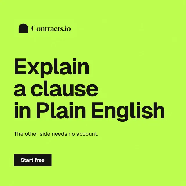 Instagram post for contracts.io: "Explain a clause in Plain English". Swiss style, announce layout, light palette in green.