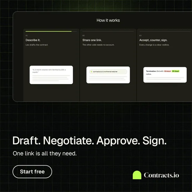 Instagram post for contracts.io: "Draft. Negotiate. Approve. Sign." Phosphor atlas style, bottom layout, dark palette in black, grey.