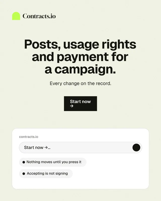 Instagram portrait post for contracts.io: "Posts, usage rights and payment for a campaign." Swiss style, centred layout, light palette in white, grey.