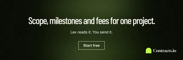 X header for contracts.io: "Scope, milestones and fees for one project." Dark deco style, centred layout, dark palette in black, green.