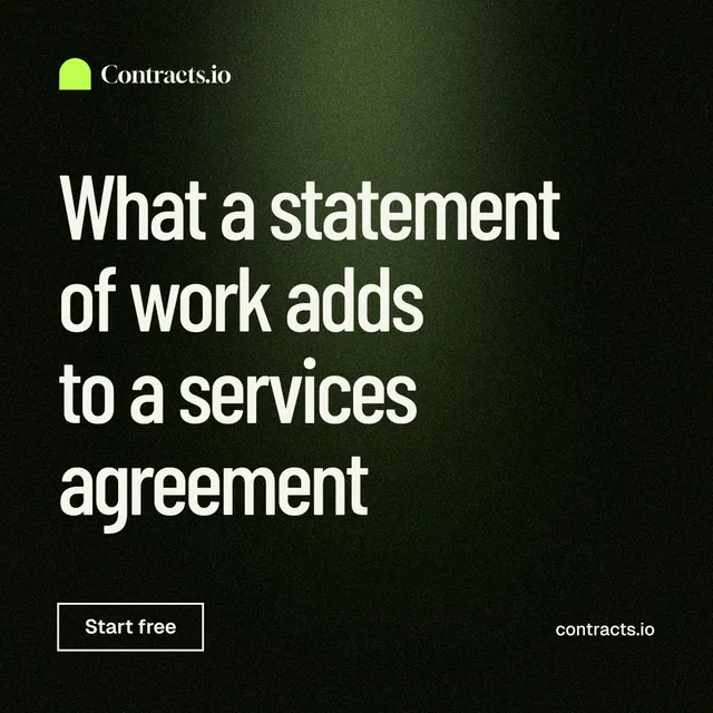 Instagram post for contracts.io: "What a statement of work adds to a services agreement". Dark deco style, poster layout, dark palette in black, grey.