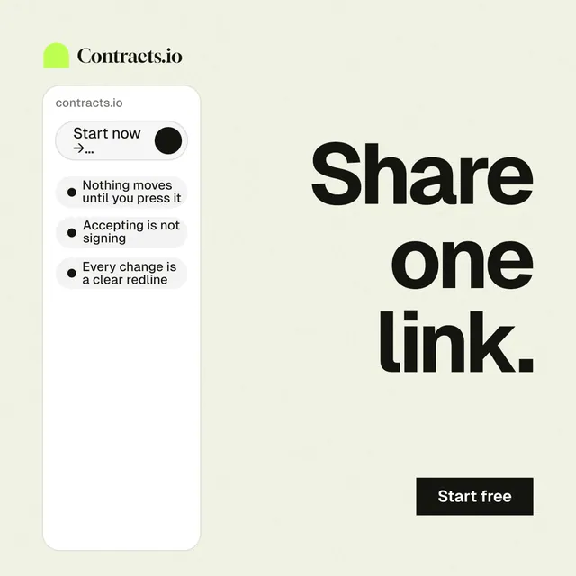 Instagram post for contracts.io: "Share one link." Swiss style, right layout, light palette in white, grey.