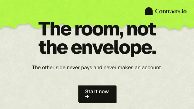 Landscape graphic for contracts.io: "The room, not the envelope." Paper trio style, centred layout, light palette in green, grey.
