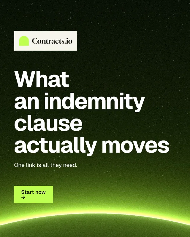 Instagram portrait post for contracts.io: "What an indemnity clause actually moves". Swiss style, announce layout, dark palette in green, black.