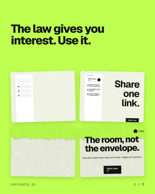 Carousel for contracts.io: "The law gives you interest. Use it.". Collection carousel, 8 slides, light palette.