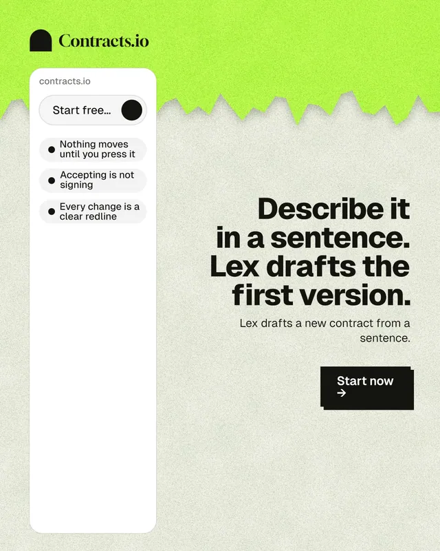 Instagram portrait post for contracts.io: "Describe it in a sentence. Lex drafts the first version." Paper trio style, right layout, light palette in green, white, grey.