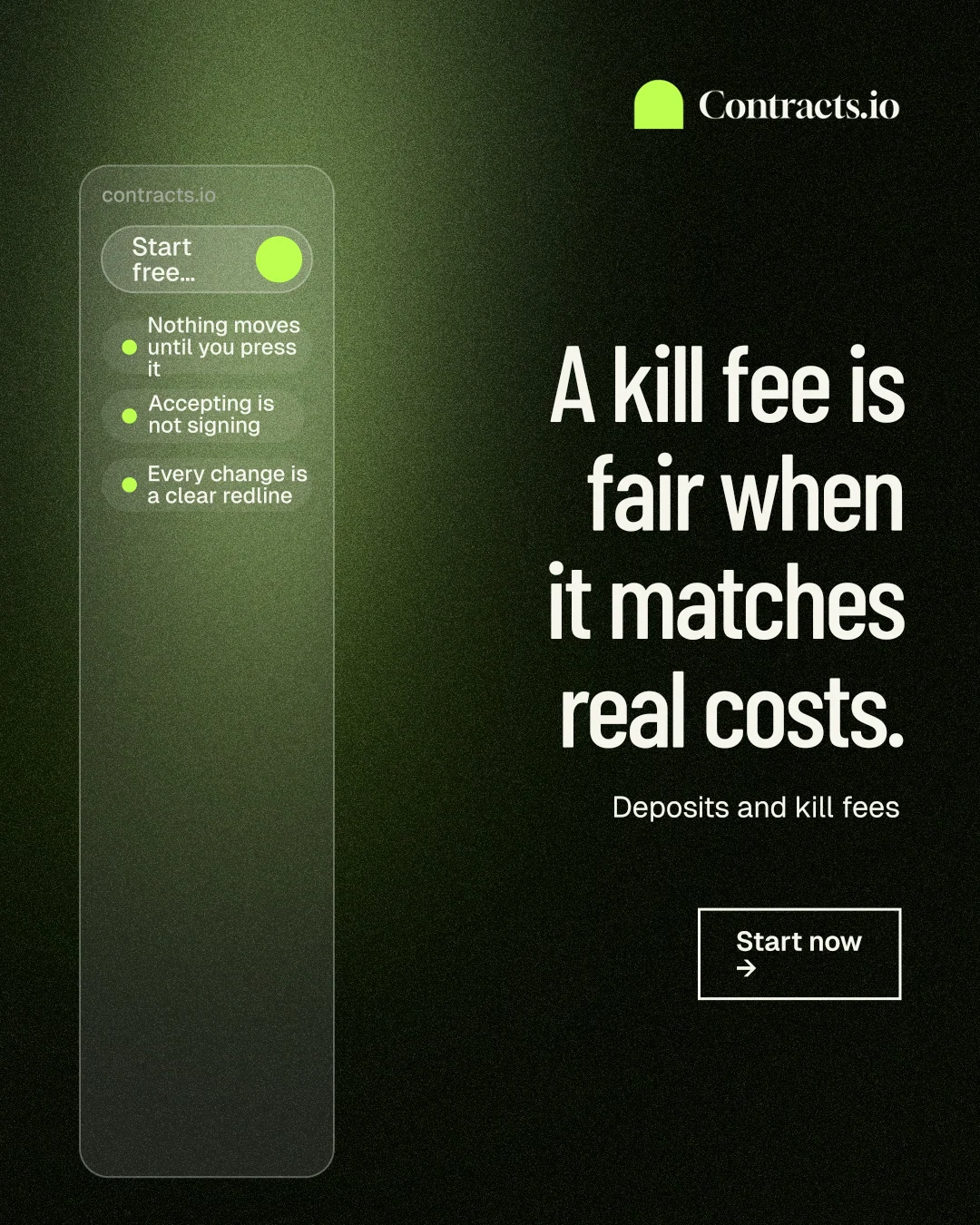 Instagram portrait post for contracts.io: "A kill fee is fair when it matches real costs." Dark deco style, right layout, dark palette in black, green, grey.