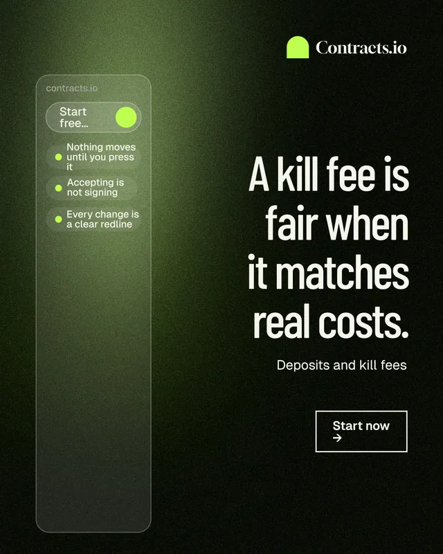 Instagram portrait post for contracts.io: "A kill fee is fair when it matches real costs." Dark deco style, right layout, dark palette in black, green, grey.